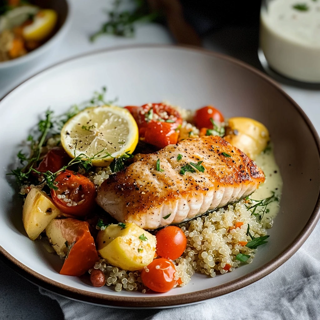 Schnelle mediterrane Schalen mit gebackenem Lachs und Quinoa