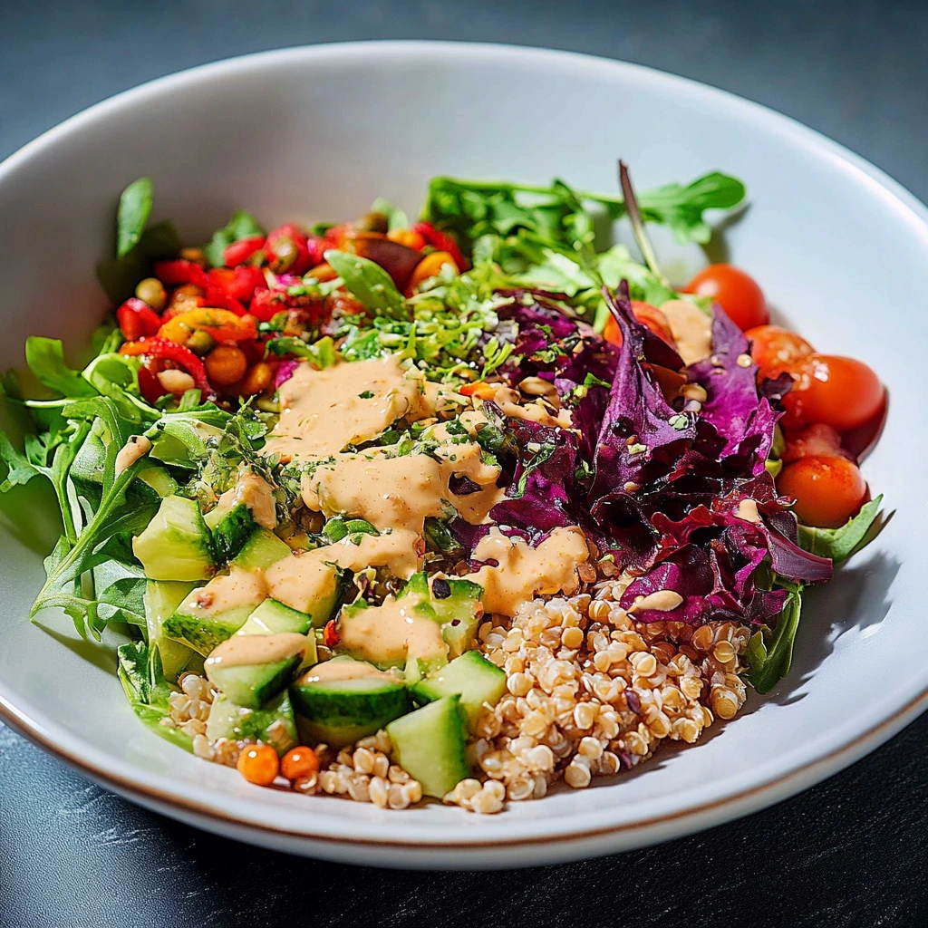 Regenbogen-Quinoa-Salat mit cremigem Zitronen-Dressing