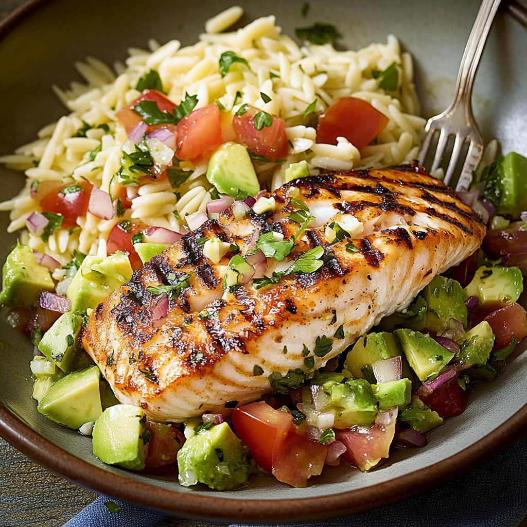 Gegrillter Lachs mit griechischer Avocado-Salsa und Orzo