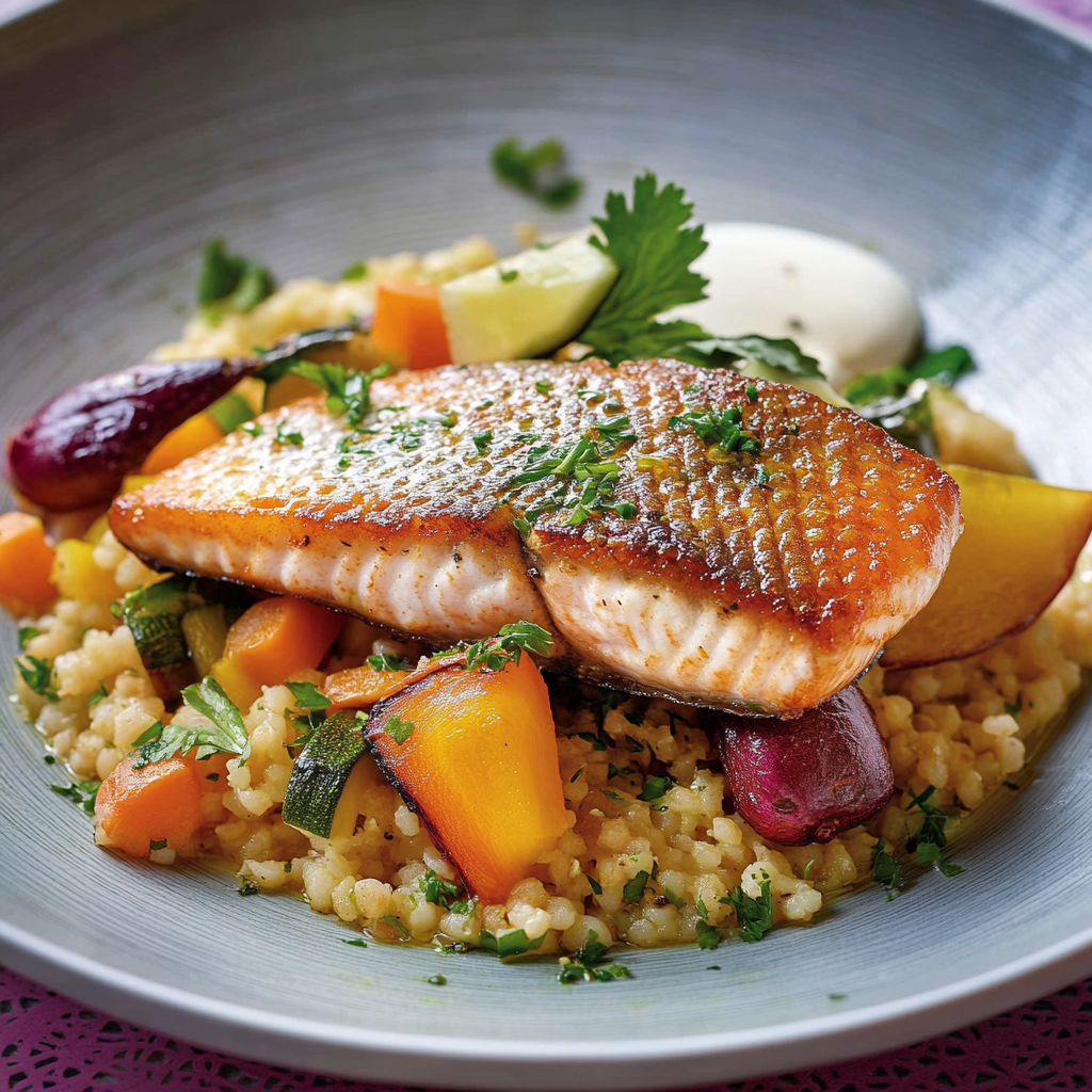 Gebratener Lachs & Perlcouscous mit geröstetem Gemüse & Zitronenjoghurt