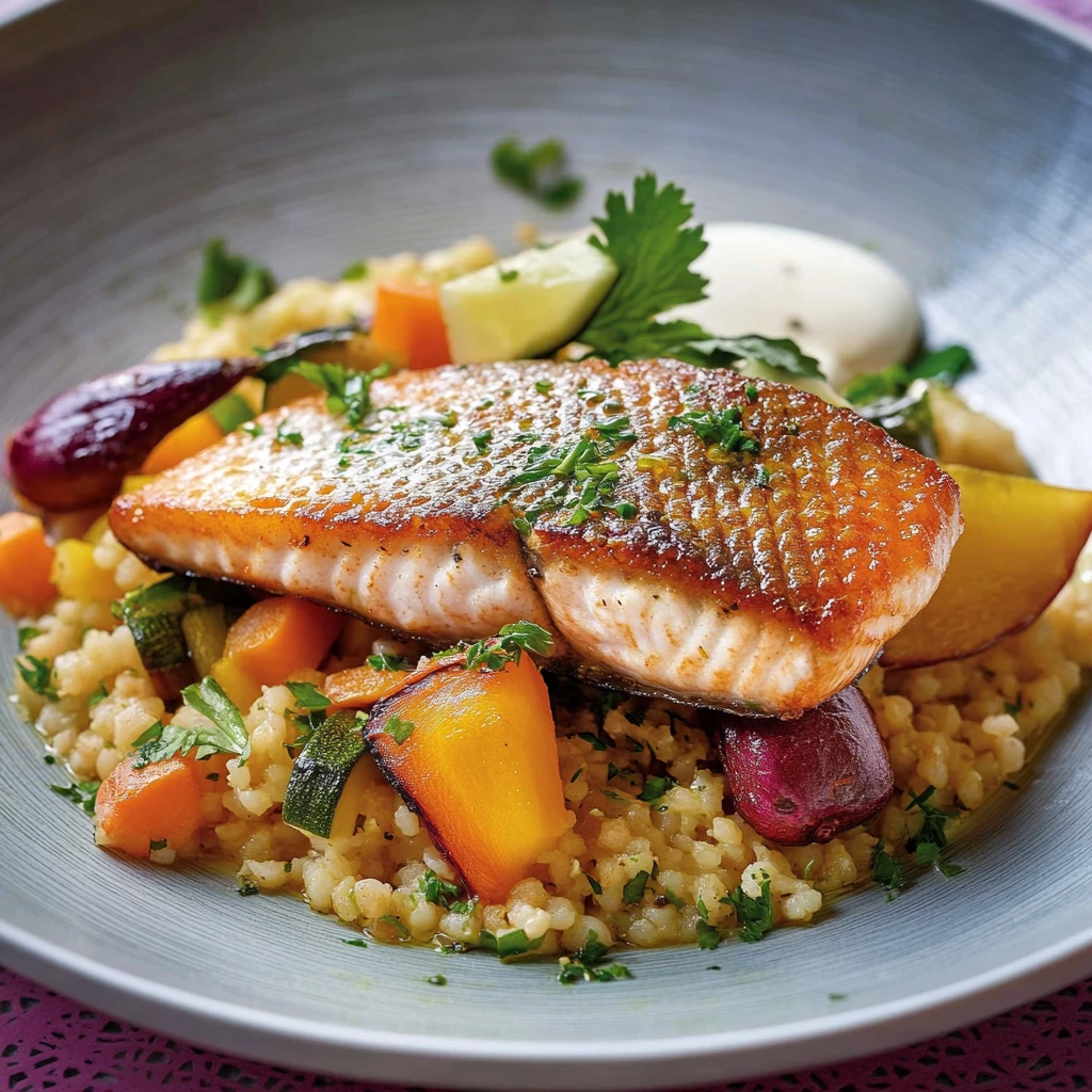 Gebratener Lachs & Perlcouscous mit geröstetem Gemüse & Zitronenjoghurt