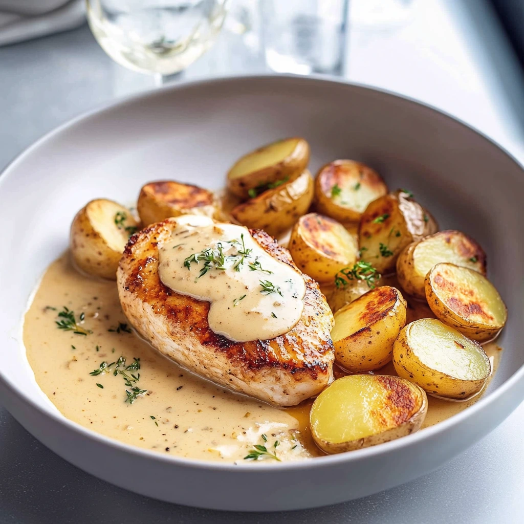 Hähnchen und Kartoffeln mit Dijon-Sahnesauce