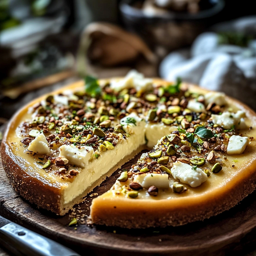 Käsekuchen mit Pistazien und Pilzen und Feta-Parmesan-Kruste