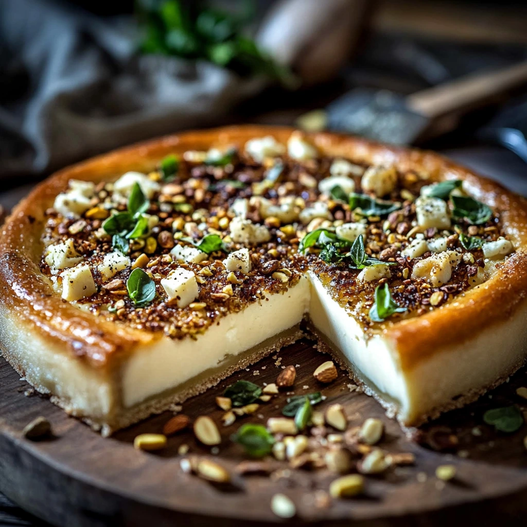 Käsekuchen mit Pistazien und Pilzen und Feta-Parmesan-Kruste