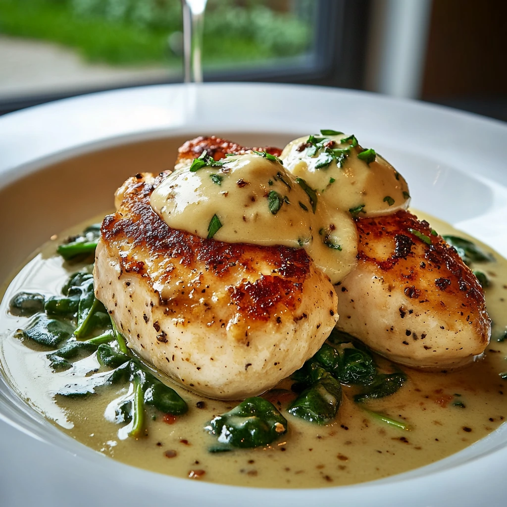 Hähnchen und Spinat in cremiger Pilzsauce
