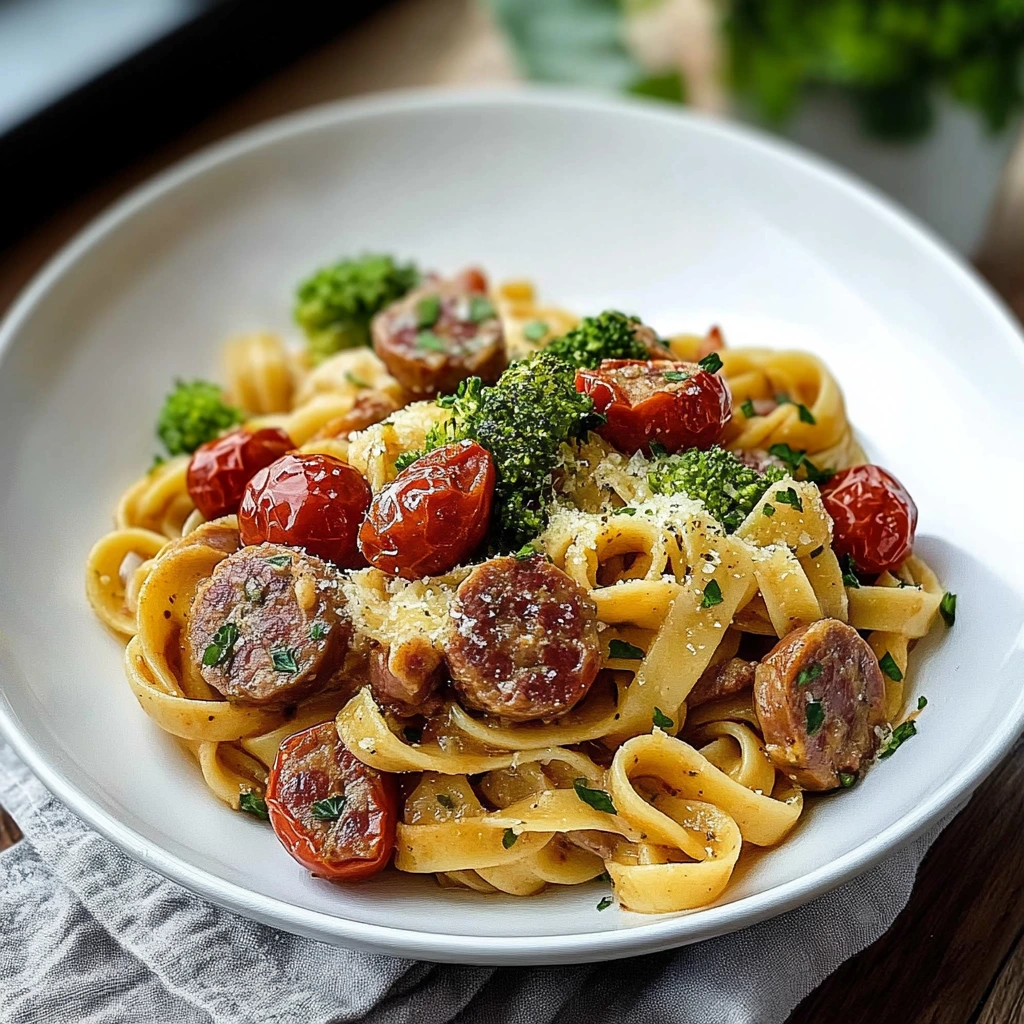 Pasta mit Wurst und sonnengetrockneten Tomaten aus einem Topf