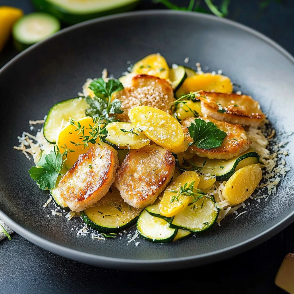 Hähnchen mit Zitronenparmesan aus der Pfanne mit Zucchini und Kürbis