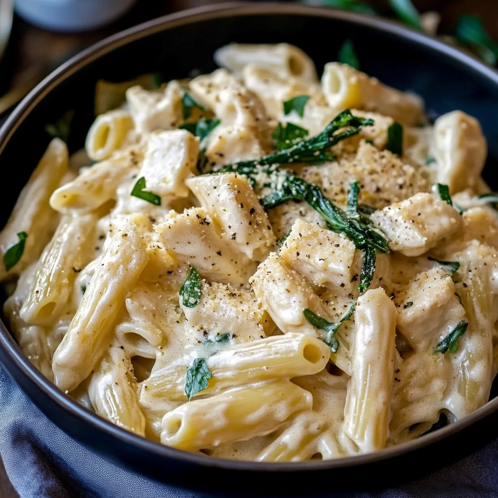 Rigatoni Alfredo aus einem Topf mit Hähnchen und Grünkohl