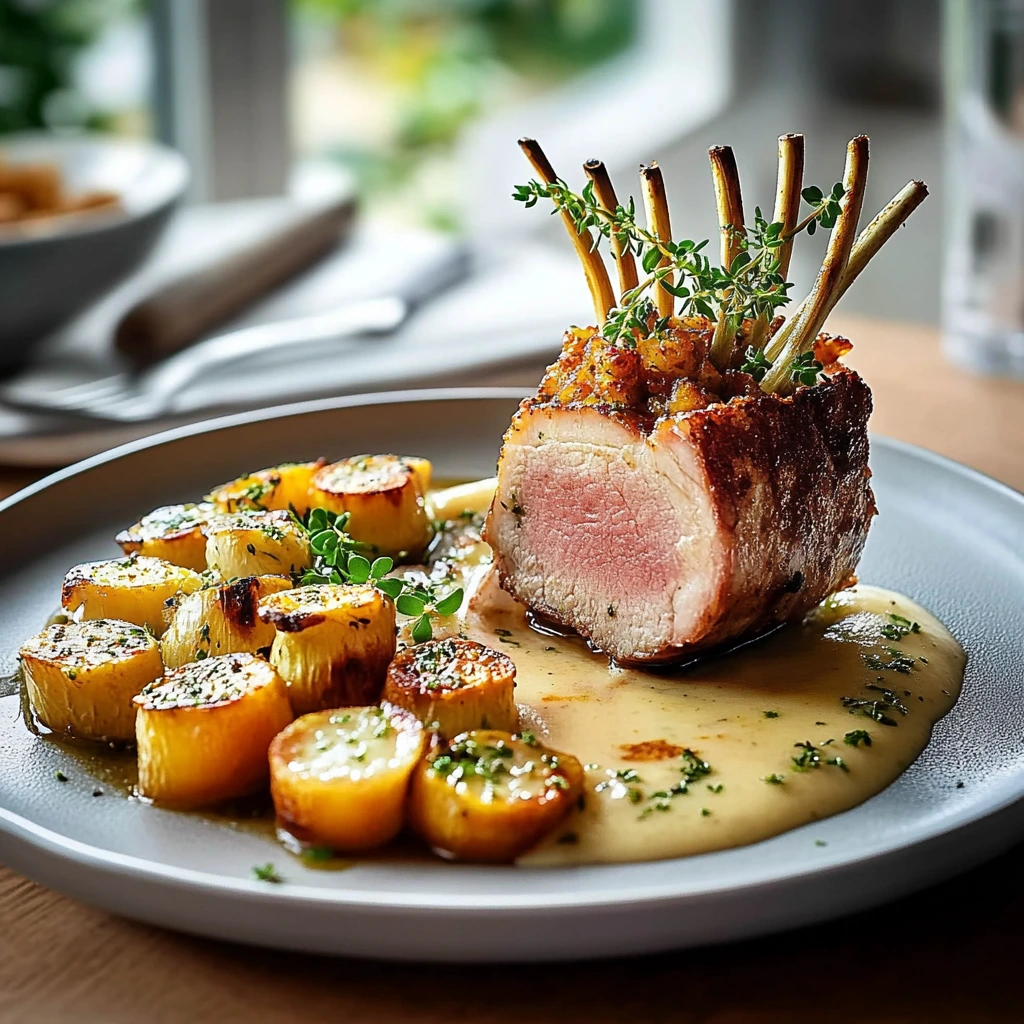 Lammkarree mit Kräuterkruste und Knoblauch-Kartoffelpüree