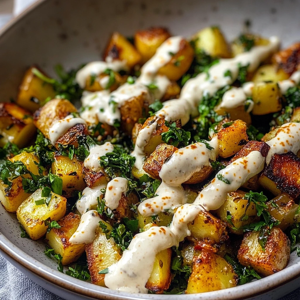 Kartoffel-Kichererbsen-Schüssel mit Tahini-Dressing