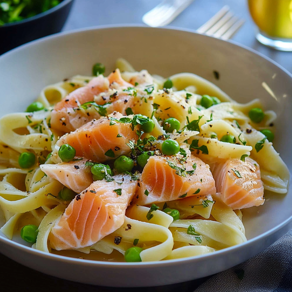 Lachs und Erbsen mit Pasta