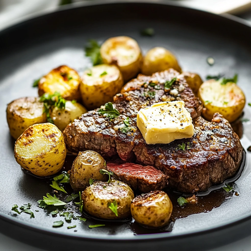 Steakhäppchen mit Knoblauchbutter und Kartoffeln
