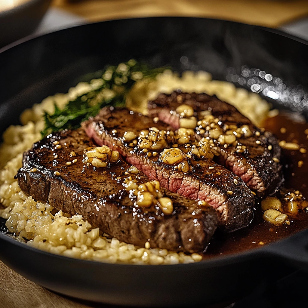 Steakpfanne mit Honig-Knoblauchbutter und Reis