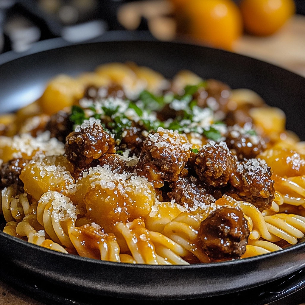 Käsige Honig-BBQ-Fleischbällchen-Pasta aus einer Pfanne
