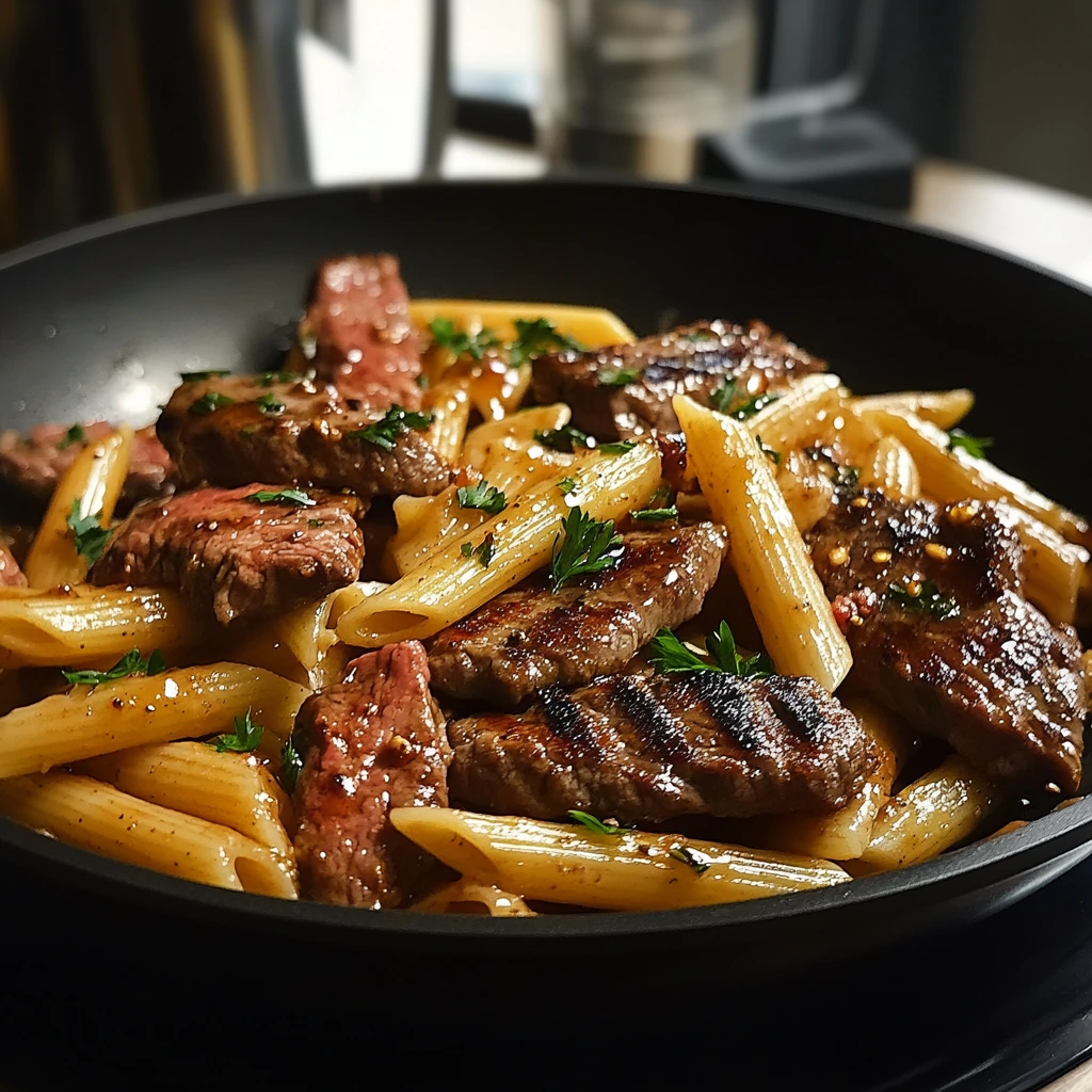 Kräftiger Honig-BBQ-Steak-Penne aus einer Pfanne