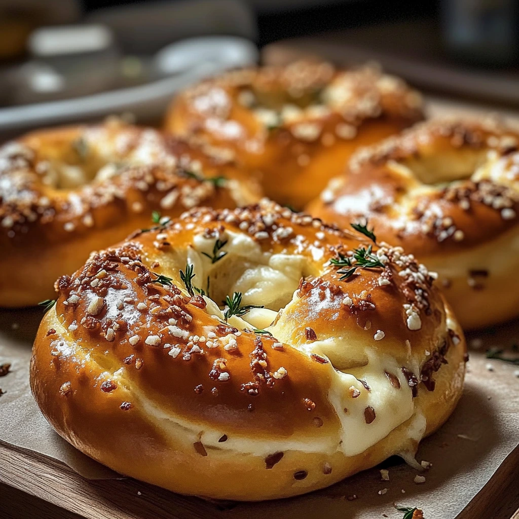 Pretzels suaves rellenos de mozzarella, romero y parmesano
