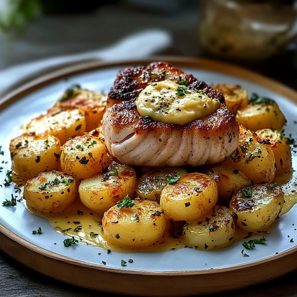 Filete con camarones y papas con mantequilla de ajo