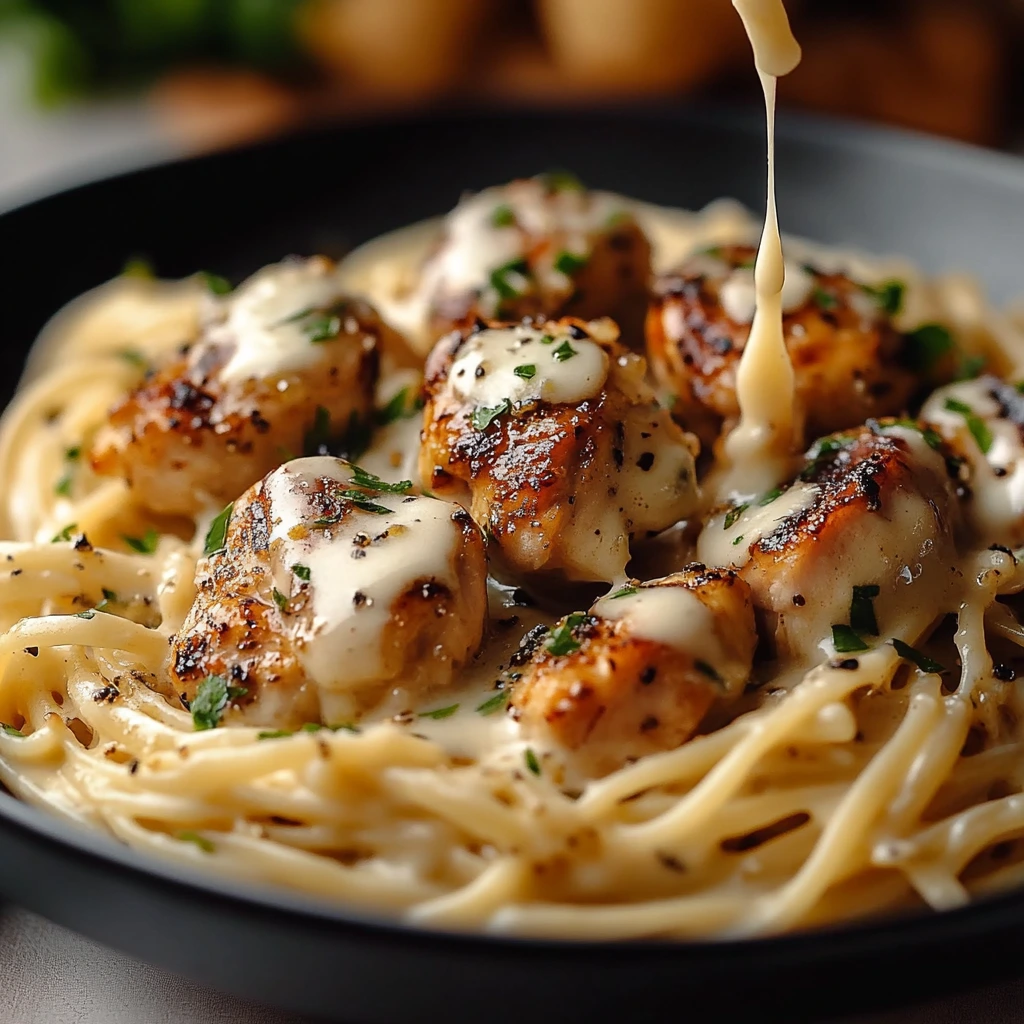 Bocados de pollo con mantequilla de ajo y pasta cremosa con parmesano