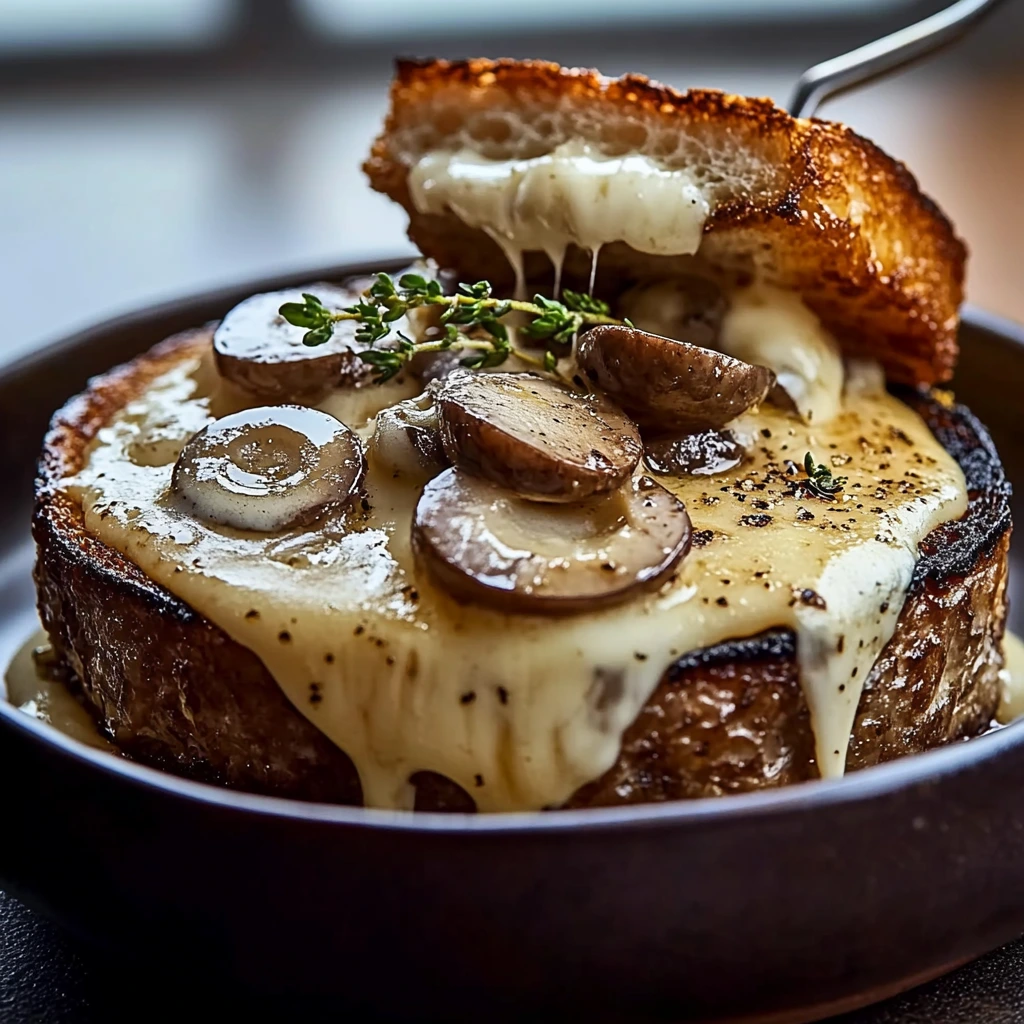 Hornillo de queso suizo fundido con champiñones