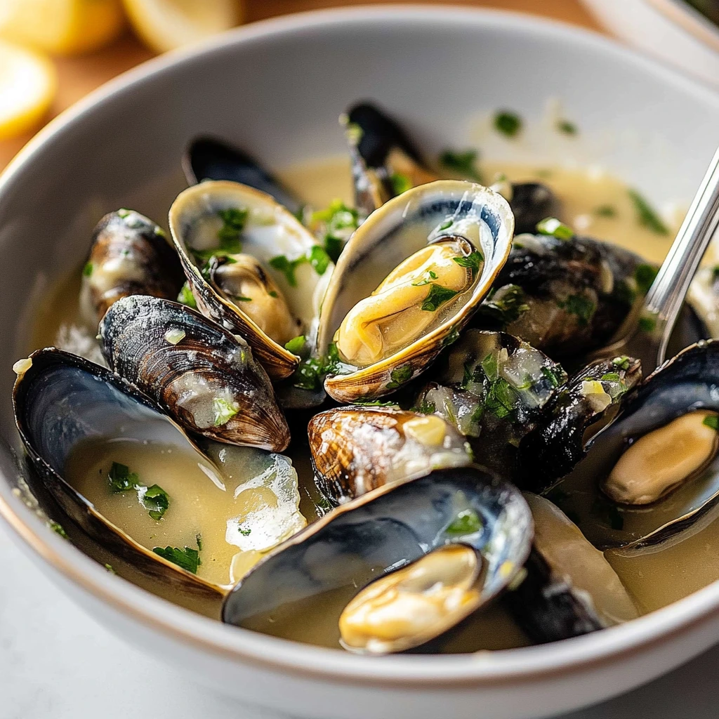 Muscheln in Sahnesauce, Knoblauch und Zitrone