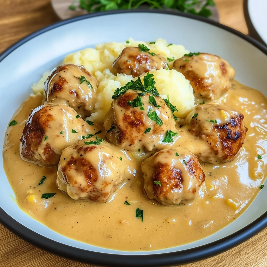 Hackbällchen in cremiger Sauce mit Kartoffelpüree – Ein herzhafter Genuss für die ganze Familie
