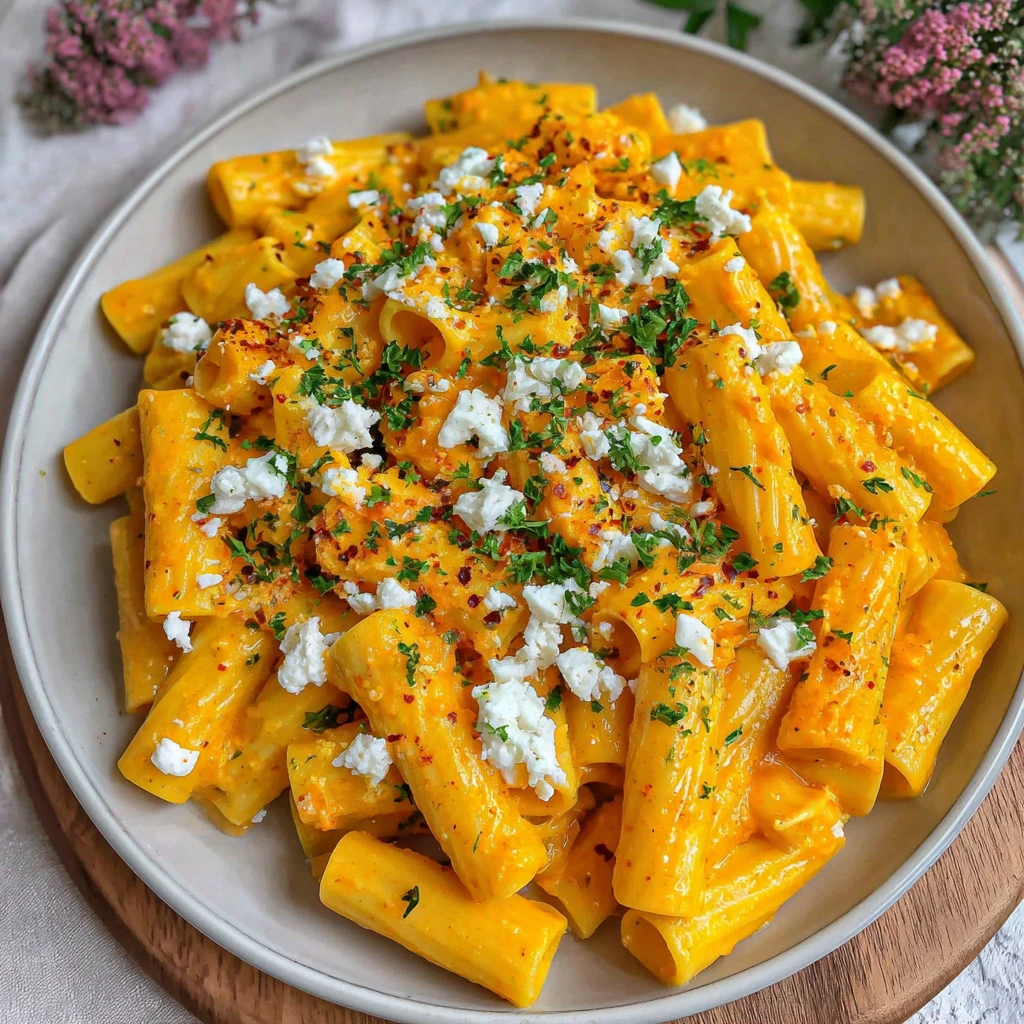 Pasta mit Kürbissoße und Feta