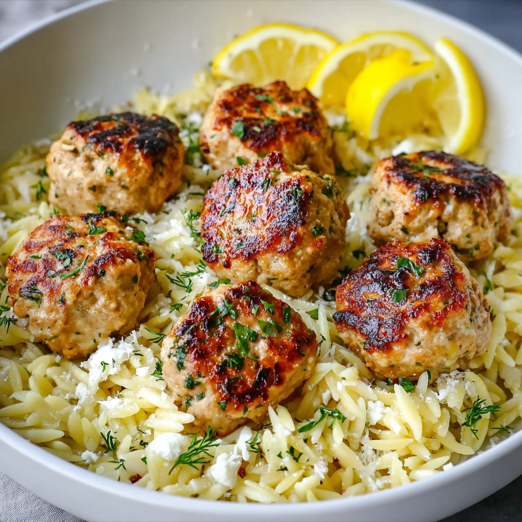 Greek Chicken Meatballs mit Zitronen-Orzo
