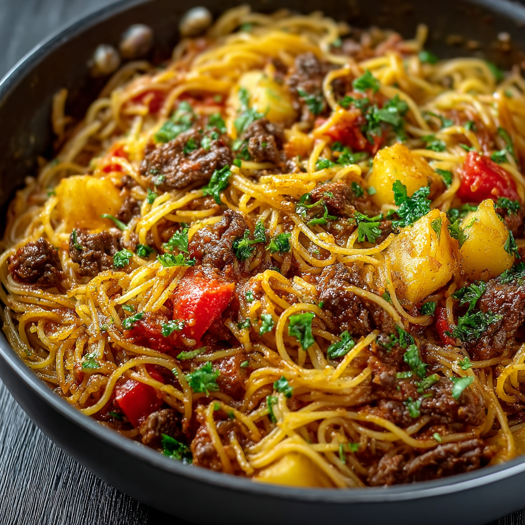 Herzhafter Fideo-Eintopf mit Kartoffeln und würzigem Hackfleisch