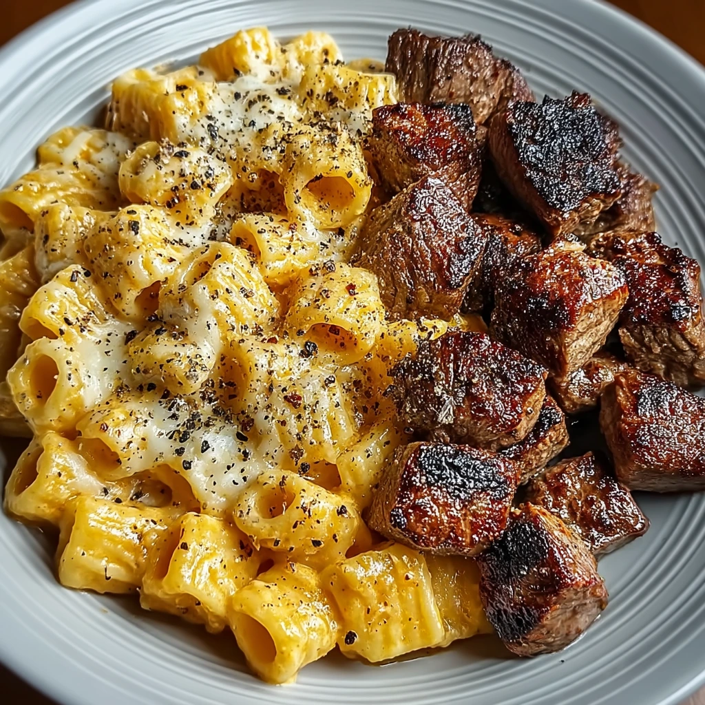 Cajun‑Steak mit Käse‑Parmesan‑Rigatoni