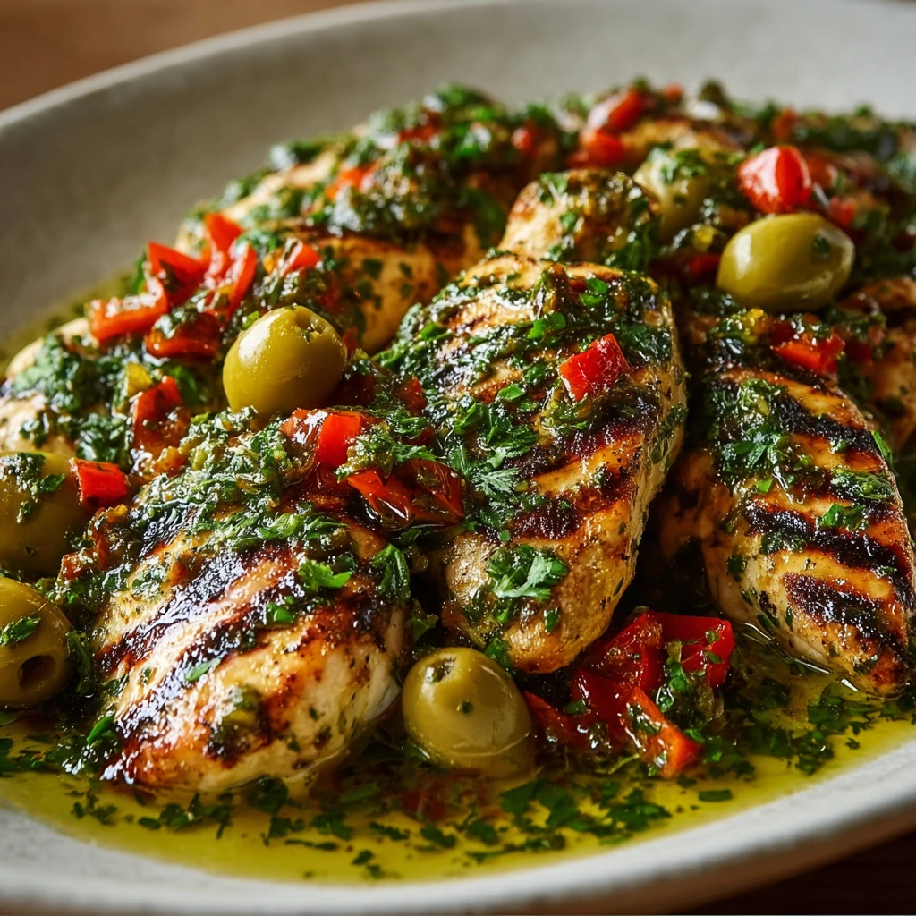 Gegrilltes Hähnchen mit Petersilien-Oliven-Sauce