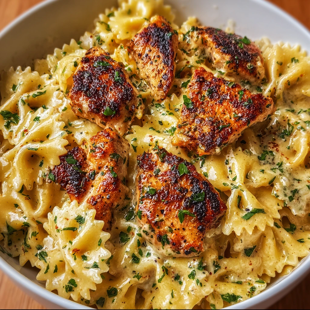 Cremige Knoblauch Butter Hähnchen-Bowties mit Mozzarella