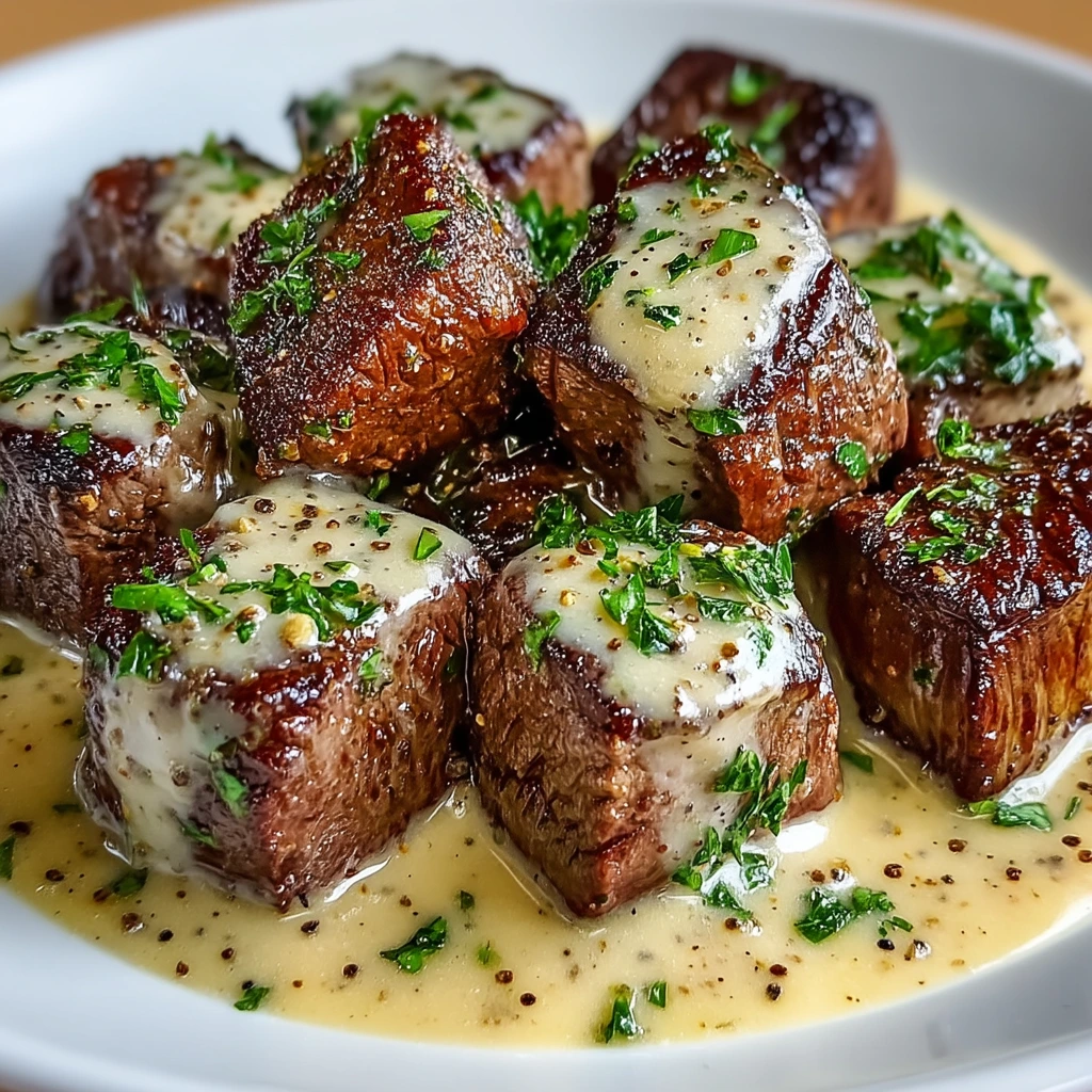 Knoblauch-Butter Steakwürfel mit Parmesan-Sahnesauce