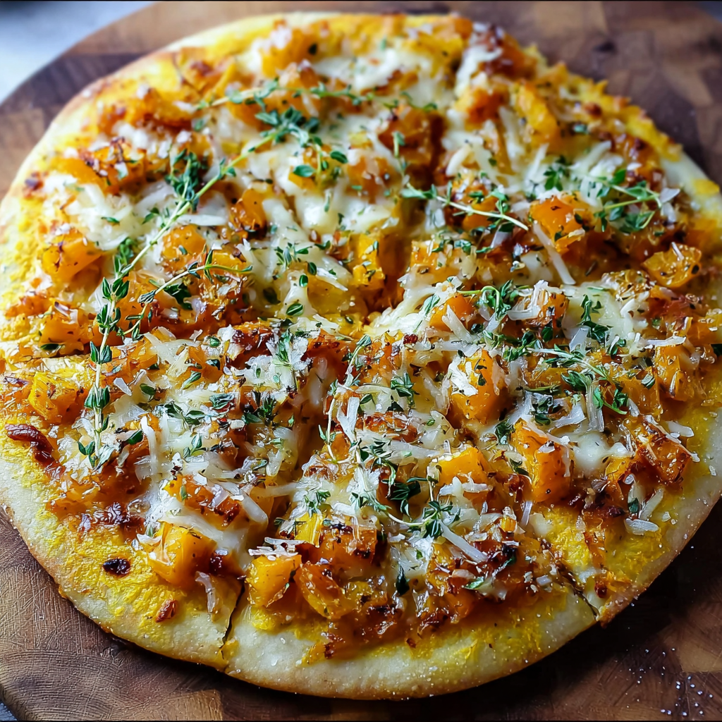 Herzhaft herbstliche Kürbis-Pizza mit karamellisierten Zwiebeln