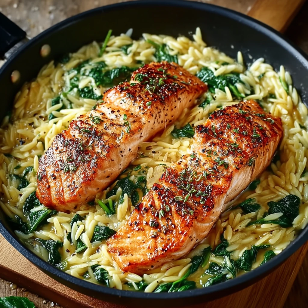 One-Skillet-Lachs mit Zitronen-Orzo