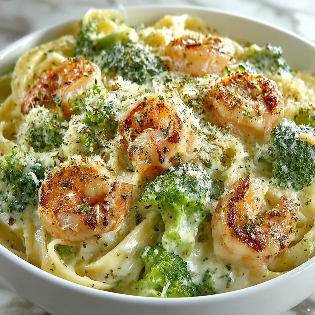 Garnelen Alfredo Fettuccine Brokkoli
