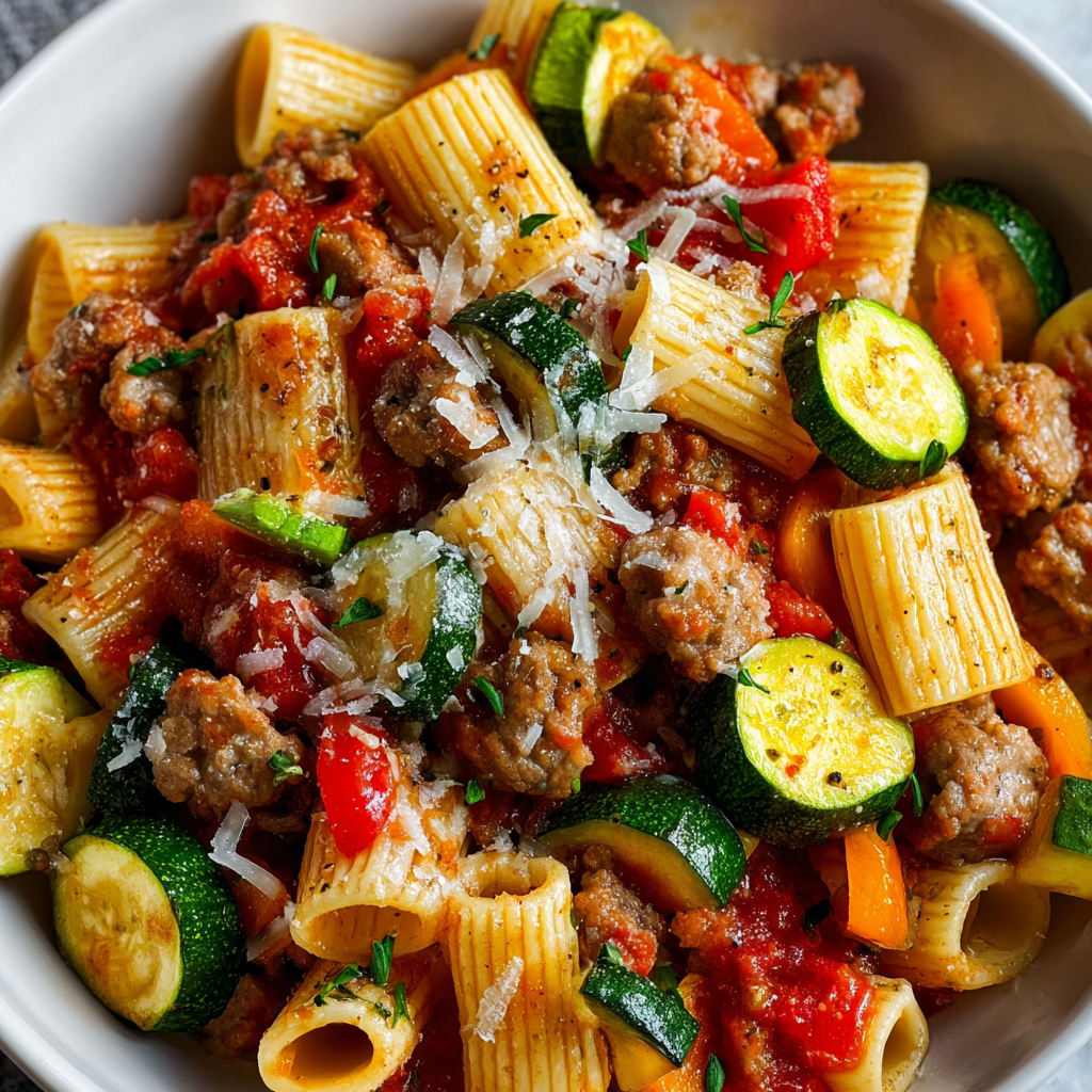 Rigatoni mit Wurst, Tomaten und Zucchini