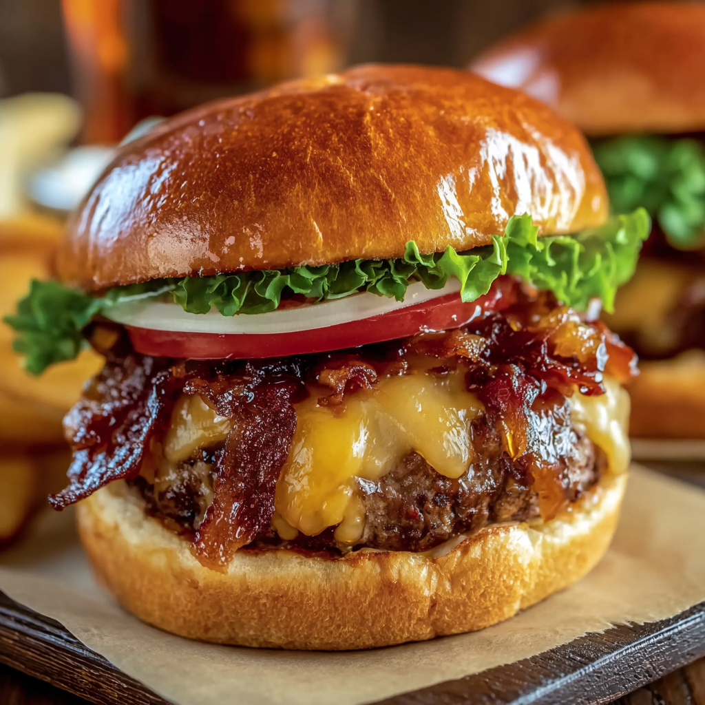 Dicke Bacon-Cheeseburger mit Coca-Cola-Zwiebeln