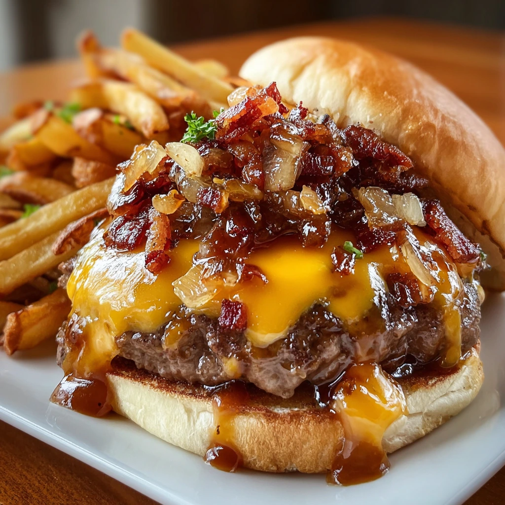 Poutine mit Ahorn-glasiertem Speck-Cheeseburger