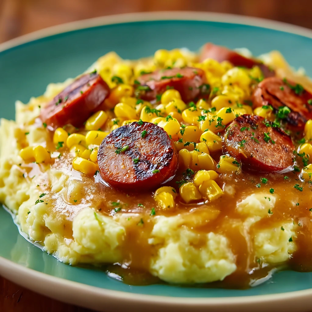 Kartoffelpüree mit Wurst, Mais und Käse