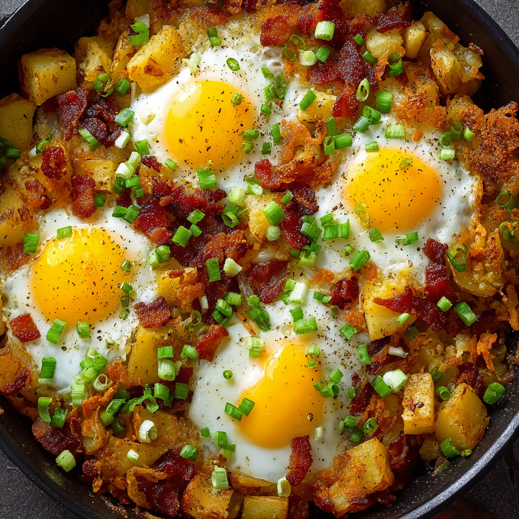 Frühstückspfanne mit Speck, Ei und Kartoffeln