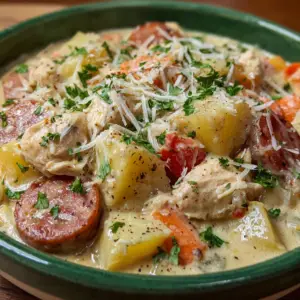 Cremiger Hühner-Wurst-Eintopf aus dem Schmortopf
