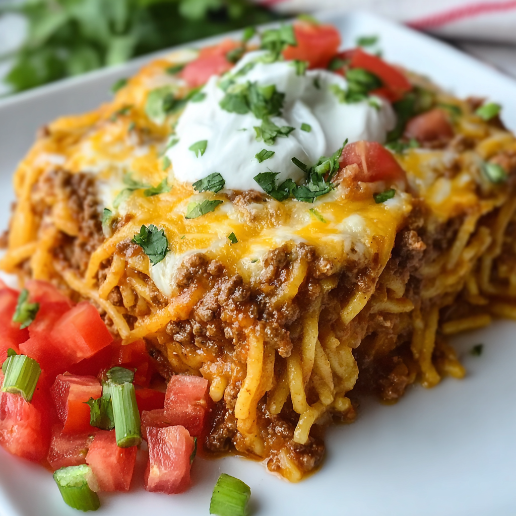 Spaghetti-Auflauf mit Käse und Tacos