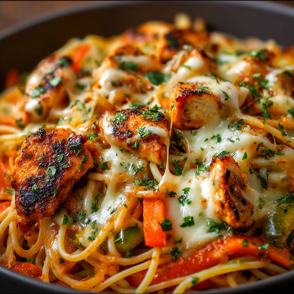 Spaghetti mit Hähnchen in Knoblauchbutter