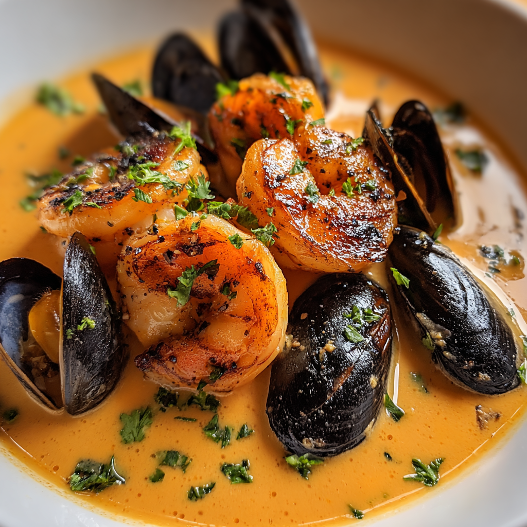 Garnelen und Muscheln in Knoblauchsauce