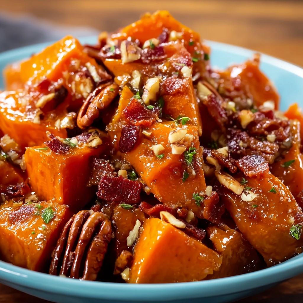 Herzhafte kandierte Yams mit Speck und Pekannüssen